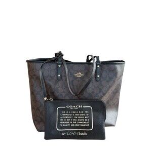 Coach F36658 Signature Reversible City Tote, Black/Brown, Pouch Included READ